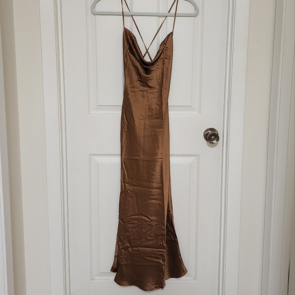Silk Maison Lounge Cowl Neck Midi 100% Mulberry Silk Slip Dress XS Mocha Mousse - Picture 5 of 9